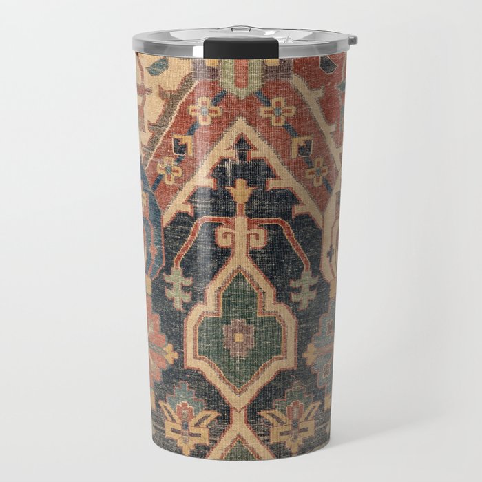 Geometric Leaves I // 18th Century Distressed Red Blue Green Colorful Ornate Accent Rug Pattern Travel Mug