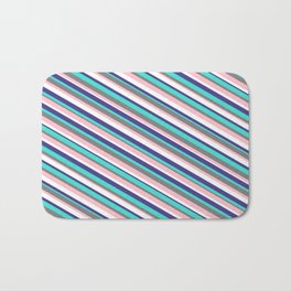 [ Thumbnail: Vibrant Gray, Pink, White, Dark Slate Blue & Turquoise Colored Striped Pattern Bath Mat ]