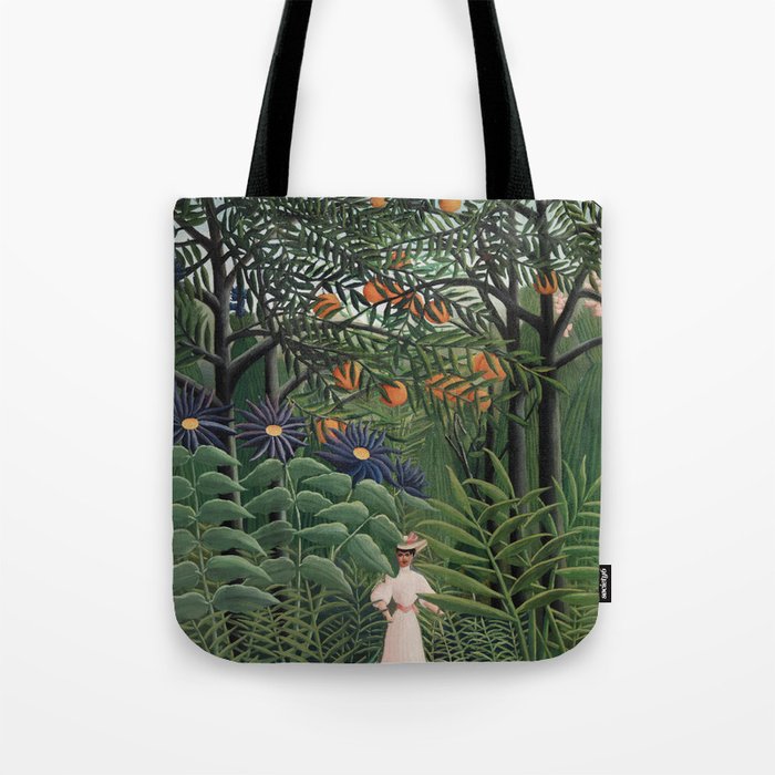 Woman Walking in an Exotic Forest Tote Bag