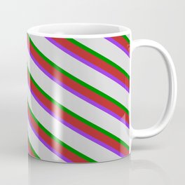 [ Thumbnail: Red, Purple, Light Grey & Green Colored Lines Pattern Coffee Mug ]