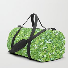 Funny green frogs entangled in a messy pattern Duffle Bag