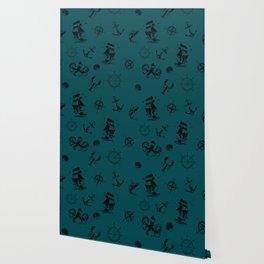 Teal Blue And Black Silhouettes Of Vintage Nautical Pattern Wallpaper