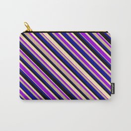 [ Thumbnail: Eyecatching Beige, Dark Violet, Tan, Dark Blue & Black Colored Stripes/Lines Pattern Carry-All Pouch ]