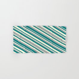 [ Thumbnail: Beige, Dark Gray, and Teal Colored Pattern of Stripes Hand & Bath Towel ]