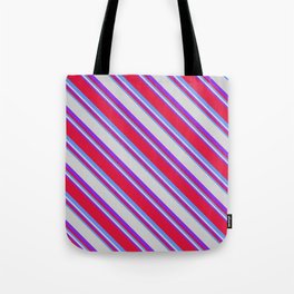 [ Thumbnail: Purple, Crimson, Cornflower Blue, and Light Grey Colored Lined/Striped Pattern Tote Bag ]