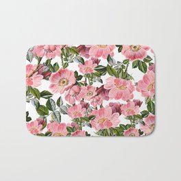 Vintage forest green pink coral bohemian floral Bath Mat | Artistic, Vintagechic, Green, Pinkfloral, Curated, Floral, Pinkroses, Painting, Pinkflowers, Shabby 