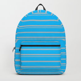 [ Thumbnail: Deep Sky Blue and Grey Colored Pattern of Stripes Backpack ]
