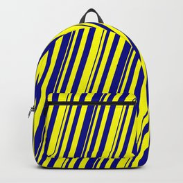 [ Thumbnail: Yellow and Dark Blue Colored Striped Pattern Backpack ]
