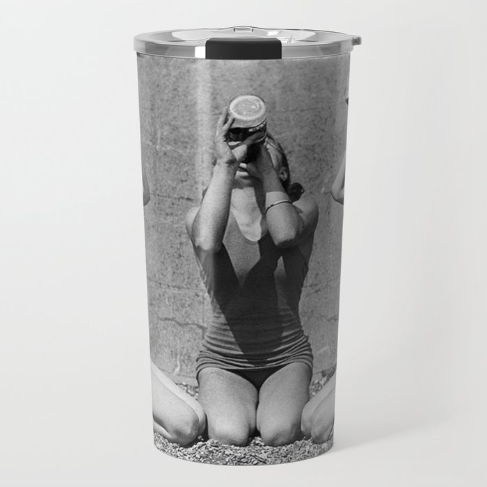 What the girls drink when the guys aren't looking - three girlfriends drinking at the beach black and white photograph Travel Mug
