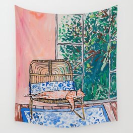 Napping Ginger Cat in Pink Jungle Garden Room Wall Tapestry