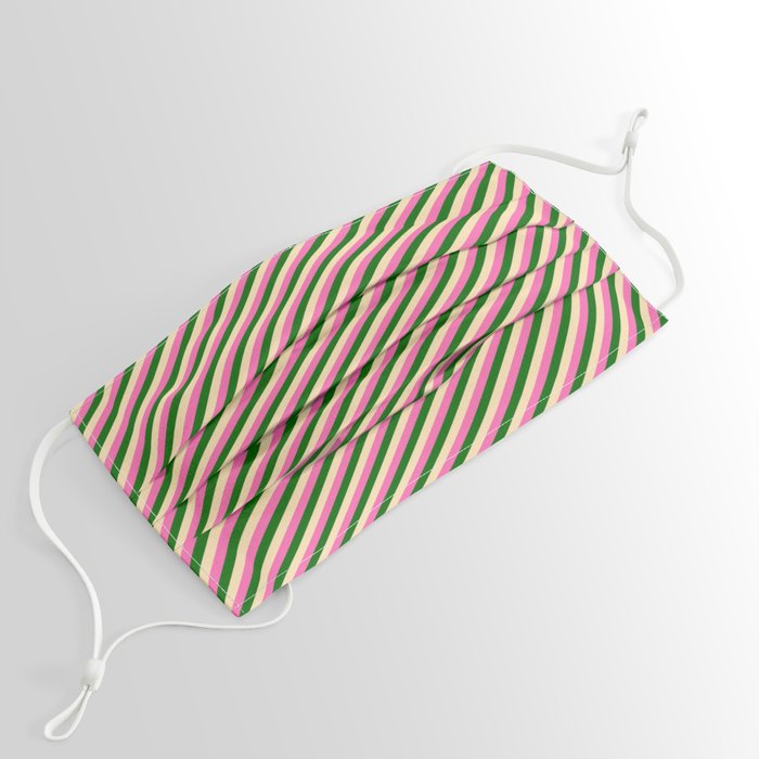 Beige, Hot Pink, and Dark Green Colored Lines/Stripes Pattern Face Mask