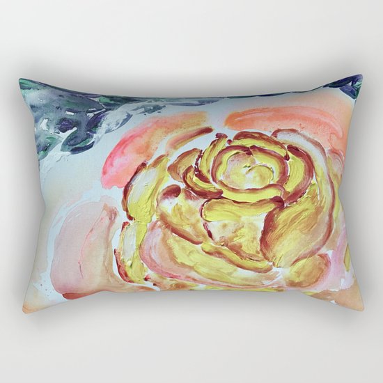 Yellow Greenery Rose Floral Rectangular Pillow