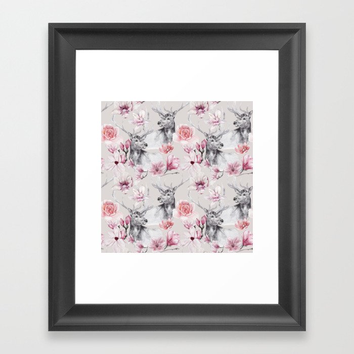 Pink Flower Deer Pattern Framed Art Print