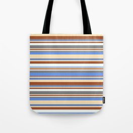 [ Thumbnail: Colorful Sienna, Mint Cream, Gray, Cornflower Blue & Beige Colored Striped Pattern Tote Bag ]