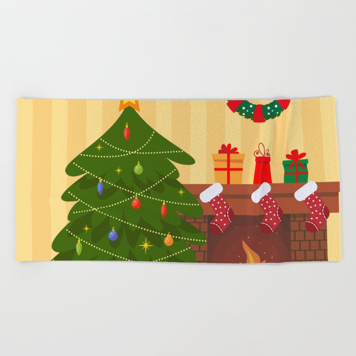 Cozy Living Interior Christmas with Red Sofa, Gifts, and Tree. Vector Flat Style Illustration. Beach Towel