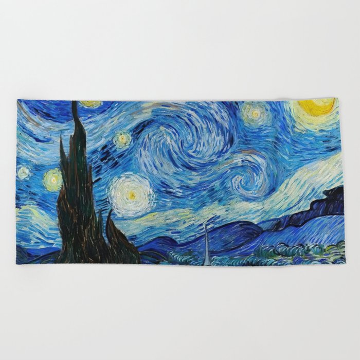 The Starry Night - La Nuit étoilée oil-on-canvas post-impressionist landscape masterpiece painting in original blue and yellow by Vincent van Gogh Beach Towel