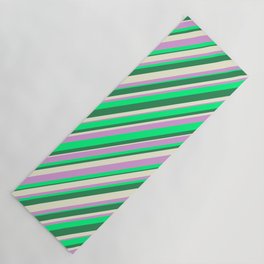 [ Thumbnail: Beige, Plum, Green, and Sea Green Colored Striped Pattern Yoga Mat ]