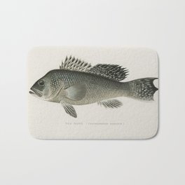 Sea Bass (Centropristes Striatus) illustrated by Sherman F. Denton (1856-1937) from Game Birds and F Bath Mat | Vector, Design, Ocean, Photo, Curated, Color, Nature, Fish, White, Water 