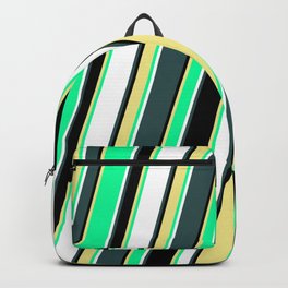 [ Thumbnail: Dark Slate Gray, Black, Tan, Green, and White Colored Lines Pattern Backpack ]