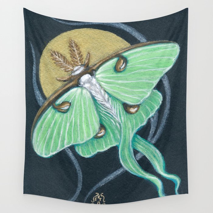 Luna Moth Gold Moon Silver Vine Watercolor Gouache Art Wall Tapestry