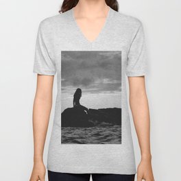 Down at sunset beach; female seaside staring longingly out to sea black and white photograph - photography - photographs V Neck T Shirt