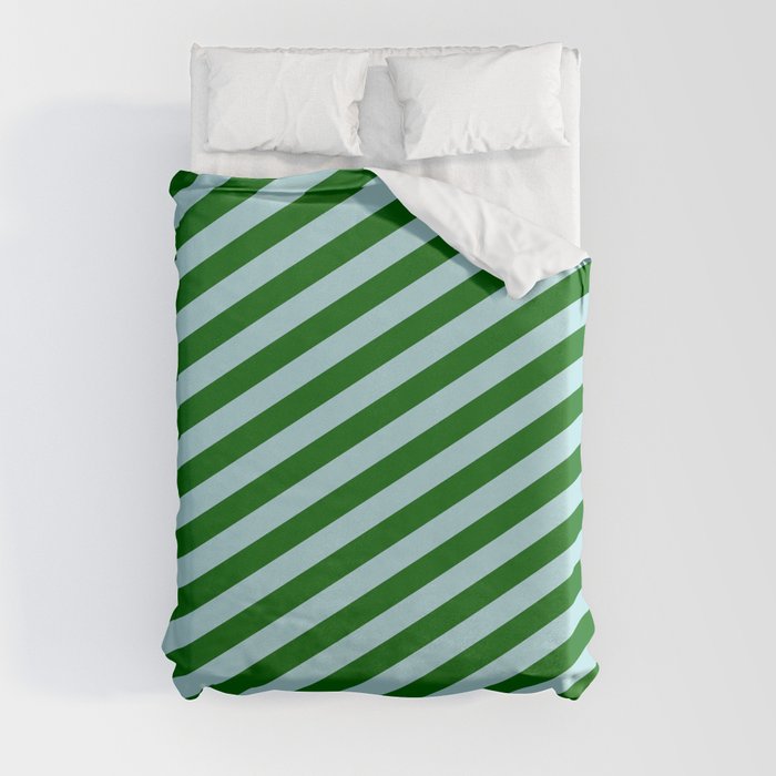 Powder Blue & Dark Green Colored Striped/Lined Pattern Duvet Cover