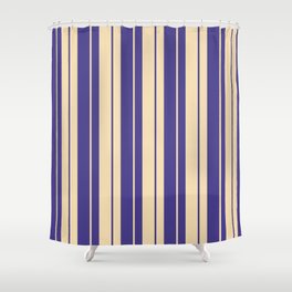 [ Thumbnail: Dark Slate Blue & Tan Colored Lines/Stripes Pattern Shower Curtain ]