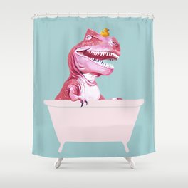Pink T-Rex in Bathtub Shower Curtain