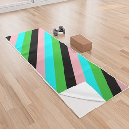 [ Thumbnail: Lime Green, Cyan, Light Pink & Black Colored Striped Pattern Yoga Towel ]