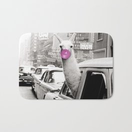 Perfect Pink Bubble Gum Llama taking a New York Taxi black and white photograph Bath Mat | Brooklyn, Photographs, Harlem, Llama, Newyorker, Lifeinthecity, Taxi, Manhattan, Pink, Yellowcab 