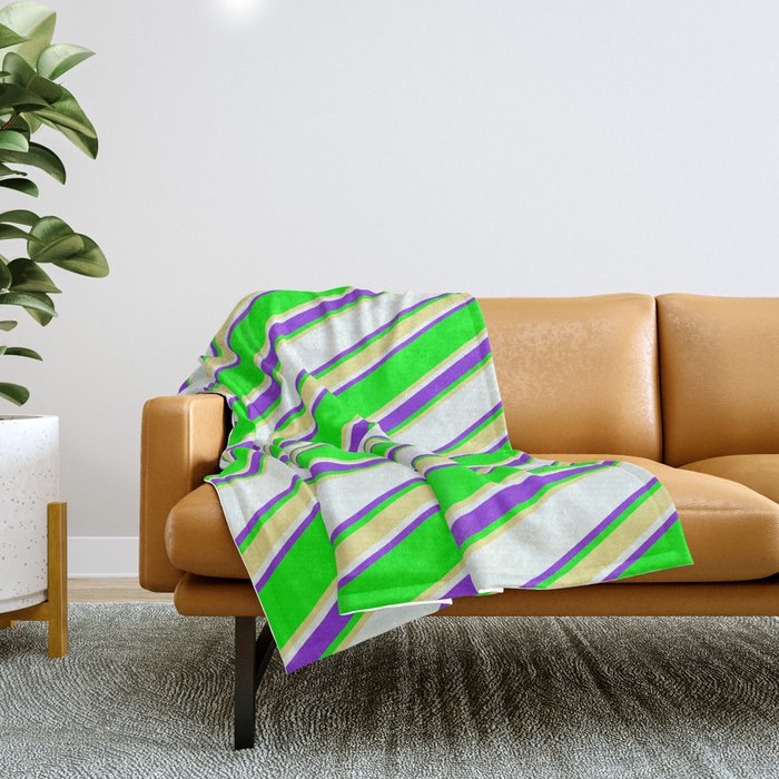 Lime, Tan, Mint Cream & Purple Colored Lined Pattern Throw Blanket