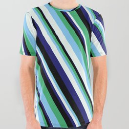 [ Thumbnail: Eye-catching Sea Green, Light Sky Blue, Mint Cream, Midnight Blue, and Black Colored Lined Pattern All Over Graphic Tee ]