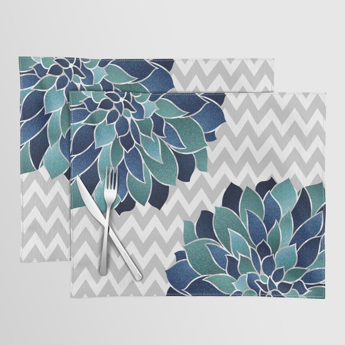 Festive, Chevron, Floral Prints, Navy, Teal and Gray Placemat