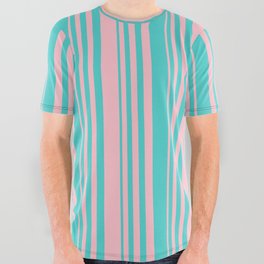[ Thumbnail: Turquoise and Pink Colored Lines/Stripes Pattern All Over Graphic Tee ]