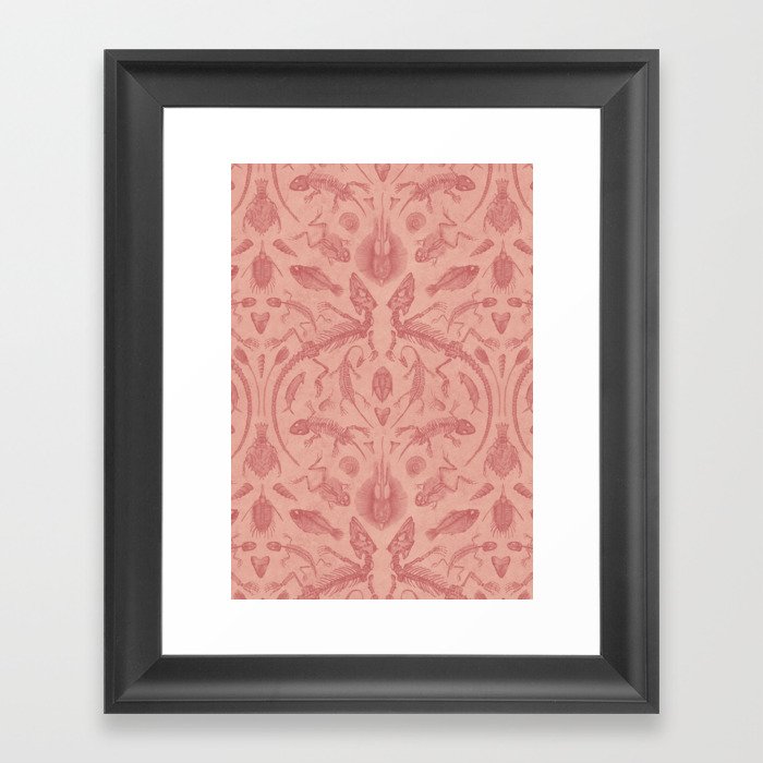 Peach Prehistoric Fossil Illustration Damask Framed Art Print