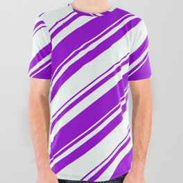 [ Thumbnail: Dark Violet and Mint Cream Colored Pattern of Stripes All Over Graphic Tee ]