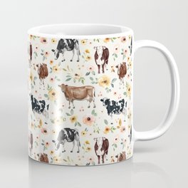 Cows with Pink and Yellow Flowers on Cream, Cow Illustration, Floral Mug