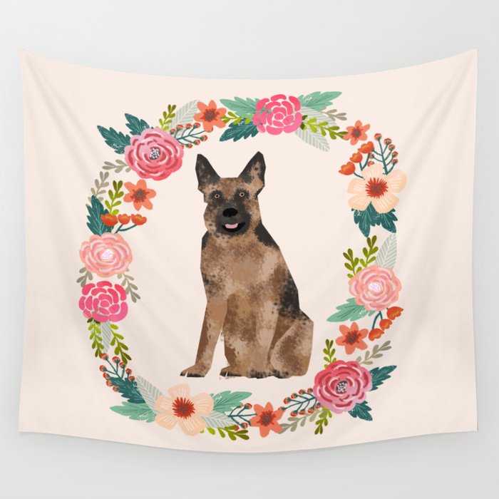 german shepherd dog floral wreath dog gifts pet portraits Wall Tapestry