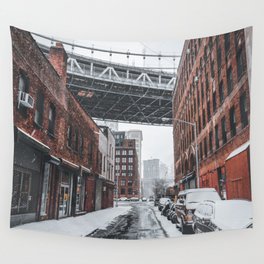 Manhattan Bridge in DUMBO during winter snowstorm blizzard in New York City Wall Tapestry