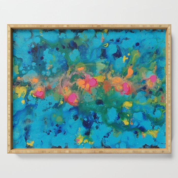 Unknown Years Abstract Art In Teal Pink Yellow Green And Turquoise Serving Tray By Mepetersondesigns Society6