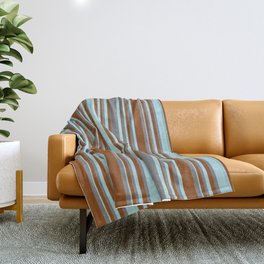 [ Thumbnail: Brown, Powder Blue & Grey Colored Stripes/Lines Pattern Throw Blanket ]