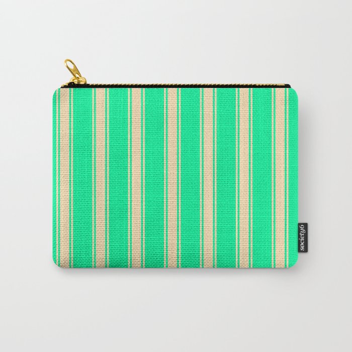 Green & Beige Colored Lined/Striped Pattern Carry-All Pouch