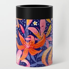 Dancing Tiger Lillies on dark blue Can Cooler