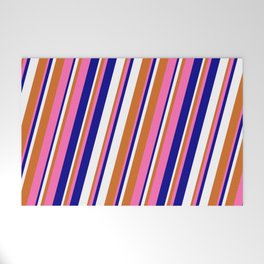 [ Thumbnail: Hot Pink, Dark Blue, White, and Chocolate Colored Lines Pattern Welcome Mat ]