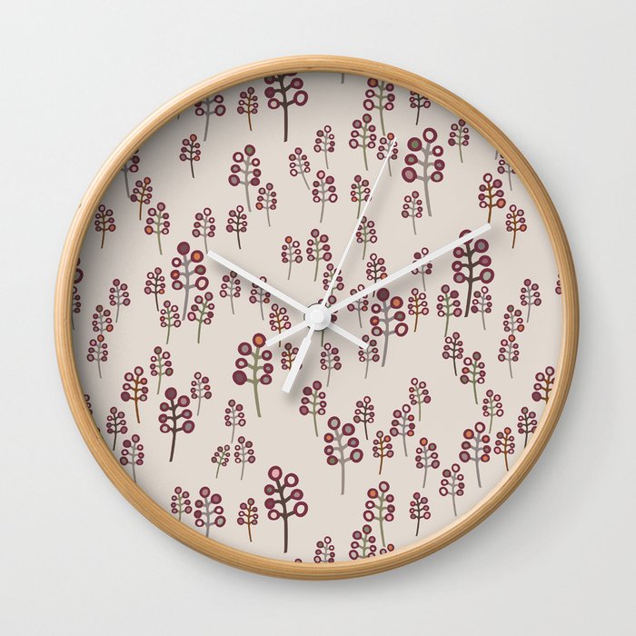 Red and tan hand drawn berries and branches Wall Clock