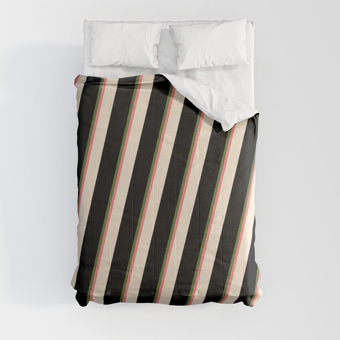 Dark Olive Green, Light Coral, Beige, and Black Colored Striped/Lined Pattern Comforter