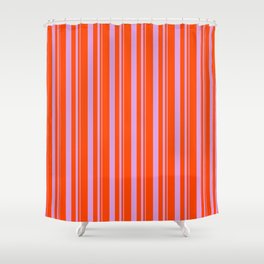 [ Thumbnail: Plum and Red Colored Lined/Striped Pattern Shower Curtain ]