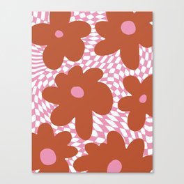  Retro Flowers on Warped Checkerboard \\ MUTED PINK & TERRACOTTA COLOR PALETTE Canvas Print