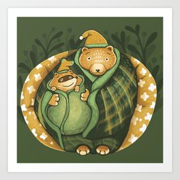 Cozy Bear Hug Cute Raccoon on Flower Couch Art Print | Friendship, Staywarm, Bear, Digital, Christmas, December, Pet, Friend, Drawing, Socks 