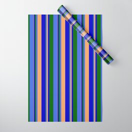 [ Thumbnail: Brown, Blue, Dark Green, and Royal Blue Colored Lines Pattern Wrapping Paper ]